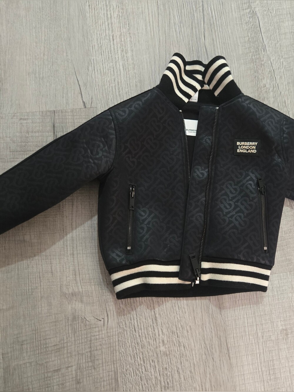 Burberry Kids Black Monogram Bomber with Ivory Stripe Trim